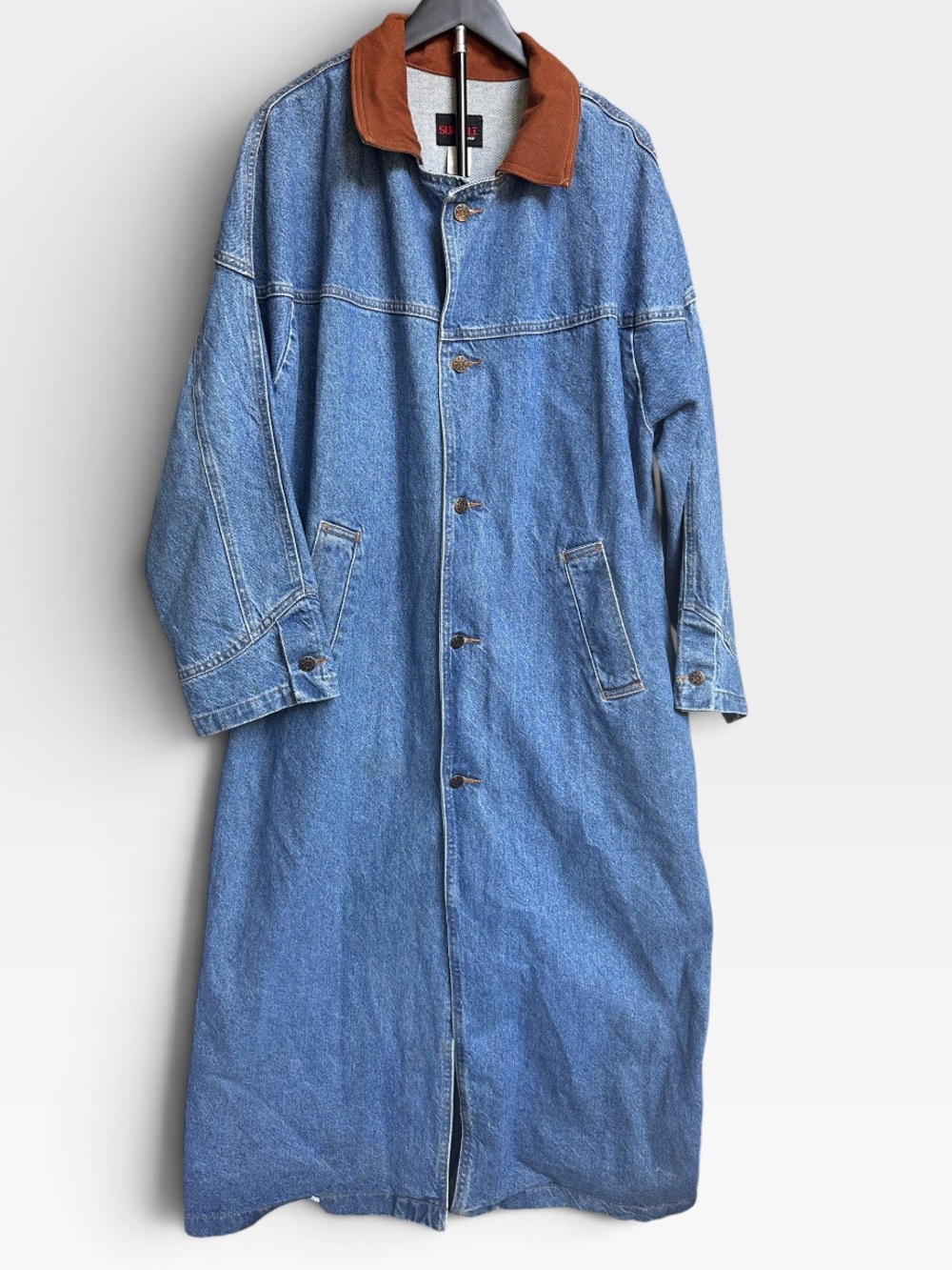 Vintage Sunbeam Denim Duster Coat Maxi Barn Jacket Brown Collar M/L